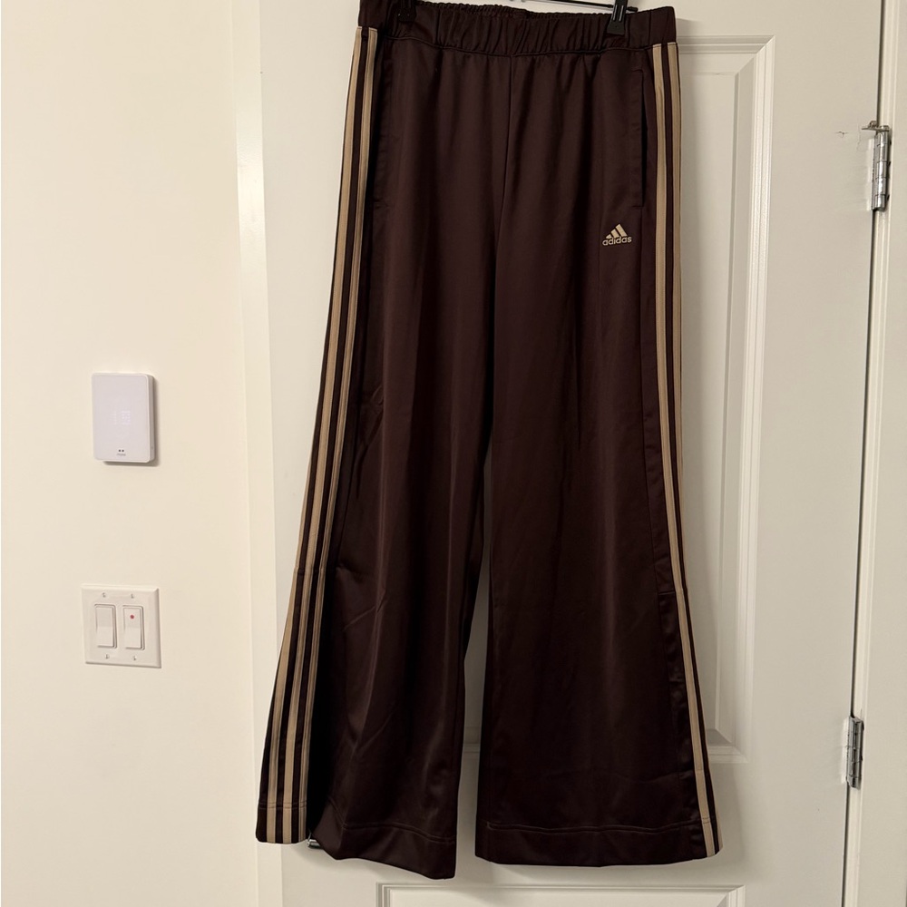 Adidas Women’s - Brown and Gold Wide Leg Track Pants - Size Medium